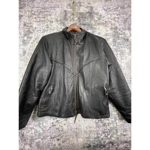 Vtg Name of Quality Products Leather Men L/XL Black Motorcycle Jacket Eagle Tag